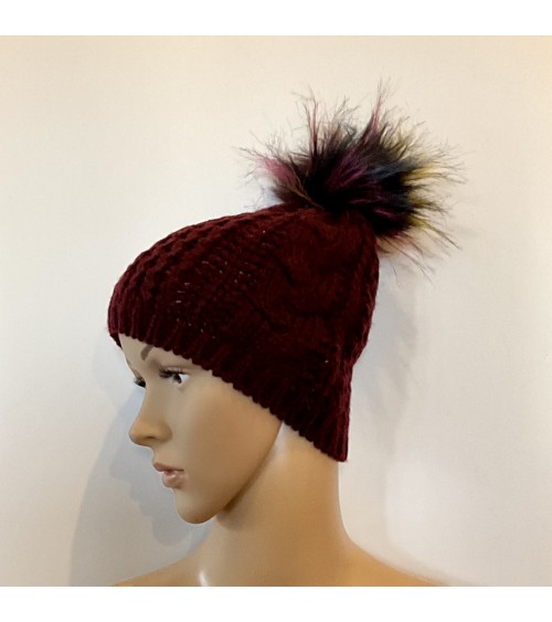 Bonnet en maille, Bordeaux, pompon multicolore, Ardene