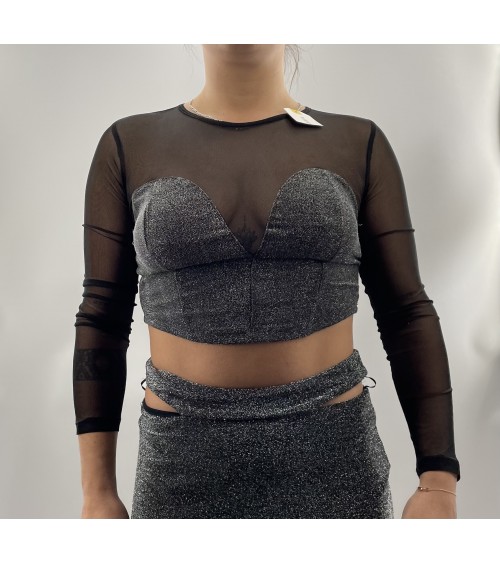 Top crop, Noir transparent / pailleté silver, Terranova